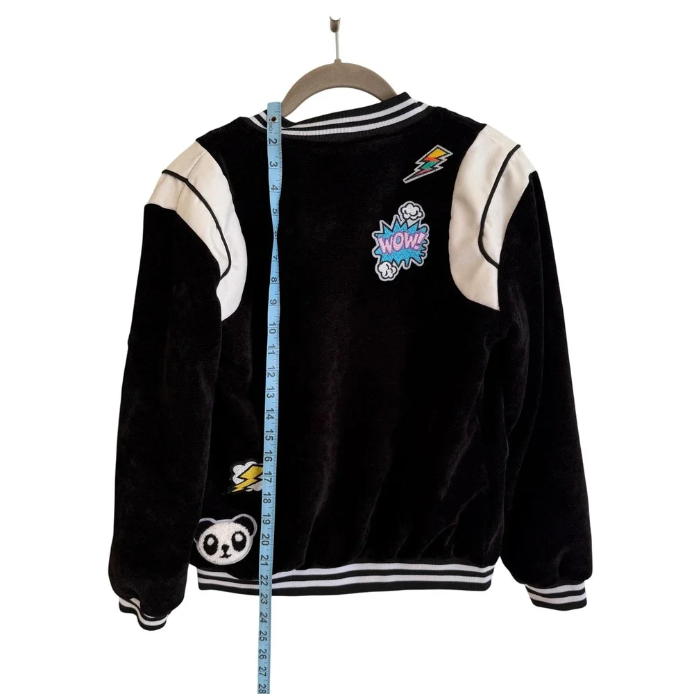 Lola + The Boys Girls Black Corduroy Varsity Jacket Multi Patch Bomber Size 12